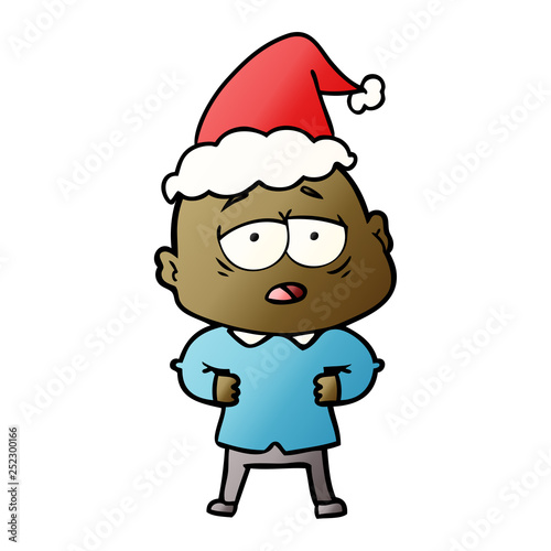 gradient cartoon of a tired bald man wearing santa hat