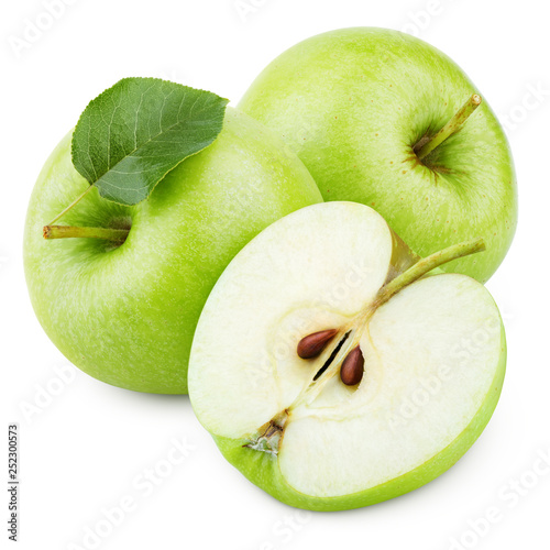 Ripe green apple fruits with apple half and green leaf isolated on white background. Apples with clipping path