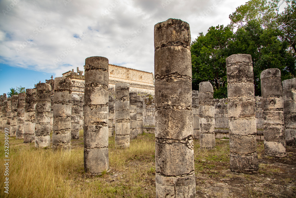 Group of a 1000 Columns once held a great roof to shelter the market underneath is found on the grounds of the Maya Ruins of Chichen Itza Mexico