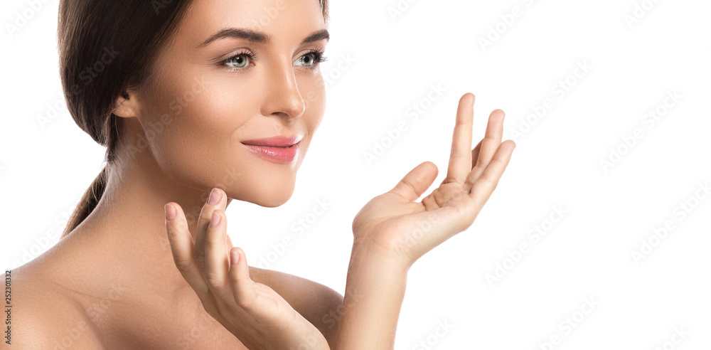 Portrait of young beautiful woman on white background