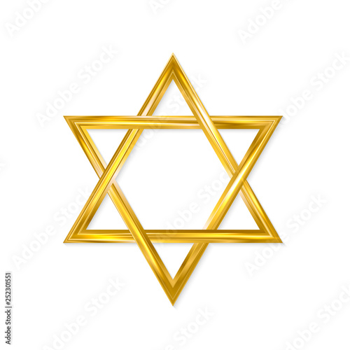 Jewish Star of David. Golden six-pointed star isolated on white background. 3d realistic hexagonal figure. Gold Magen David. Vector icon. Easy to edit template for jour designs.