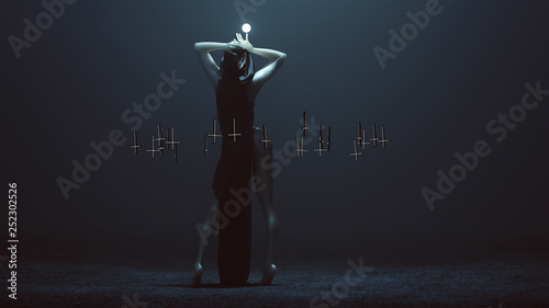 Fotografia Sexy Witch Demon Woman Back to Camera and Glowing Orb in Futuristic Haute Coutur
