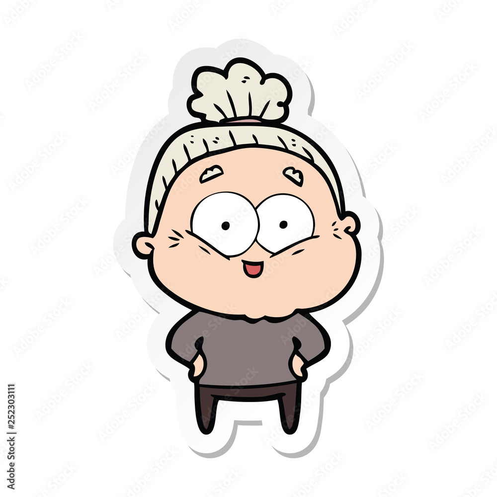 sticker of a cartoon happy old woman sticker of a cartoon happy old woman