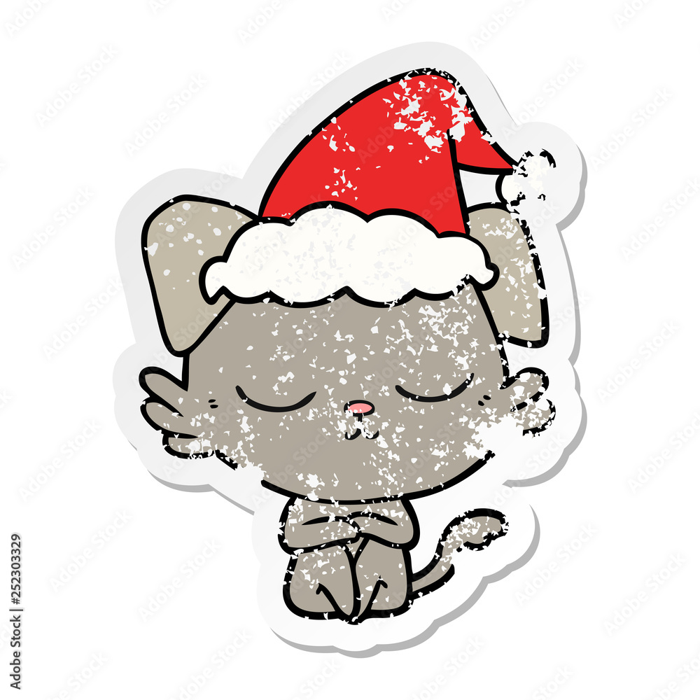 cute distressed sticker cartoon of a dog wearing santa hat cute distressed sticker cartoon of a dog wearing santa hat