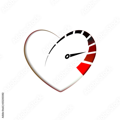 Speedometer in heart icon with arrow speed, RPM logo icon. Racing test symbol Vector Template love and Valentines day sign, emblem. Graphics internet illustration of internet for web design. EPS10