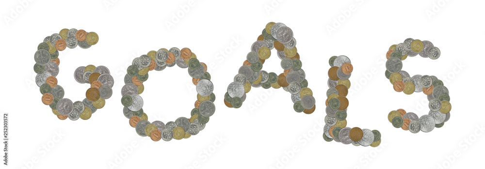 GOALS word with stack of coins on white background