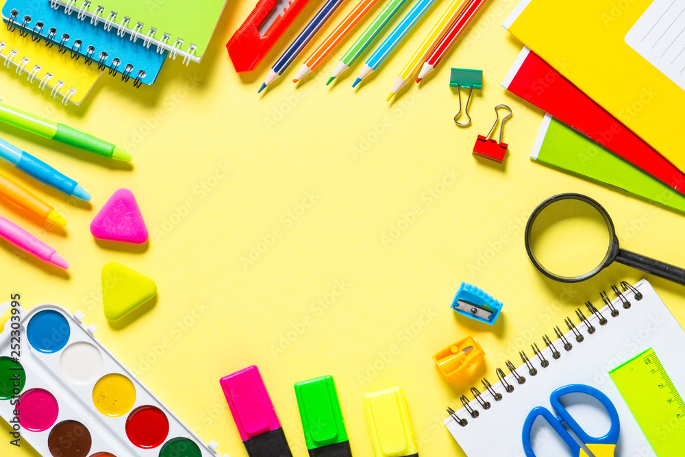 School and office sstationery on yellow background. School and office sstationery on yellow background.