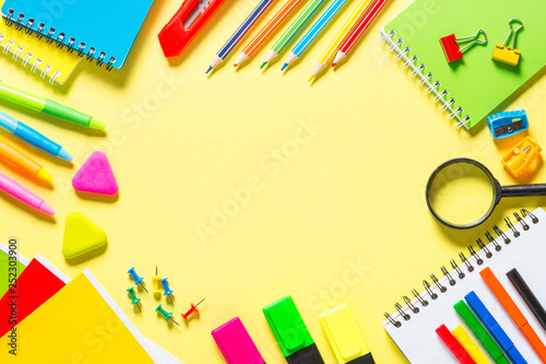 School and office sstationery on yellow background. 