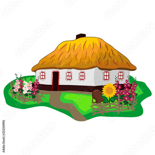 Ukrainian traditional house with white walls, thatched roof, flower garden and wicker fence. Colorful vector clipart of Ukrainian folk rural architecture, historical life