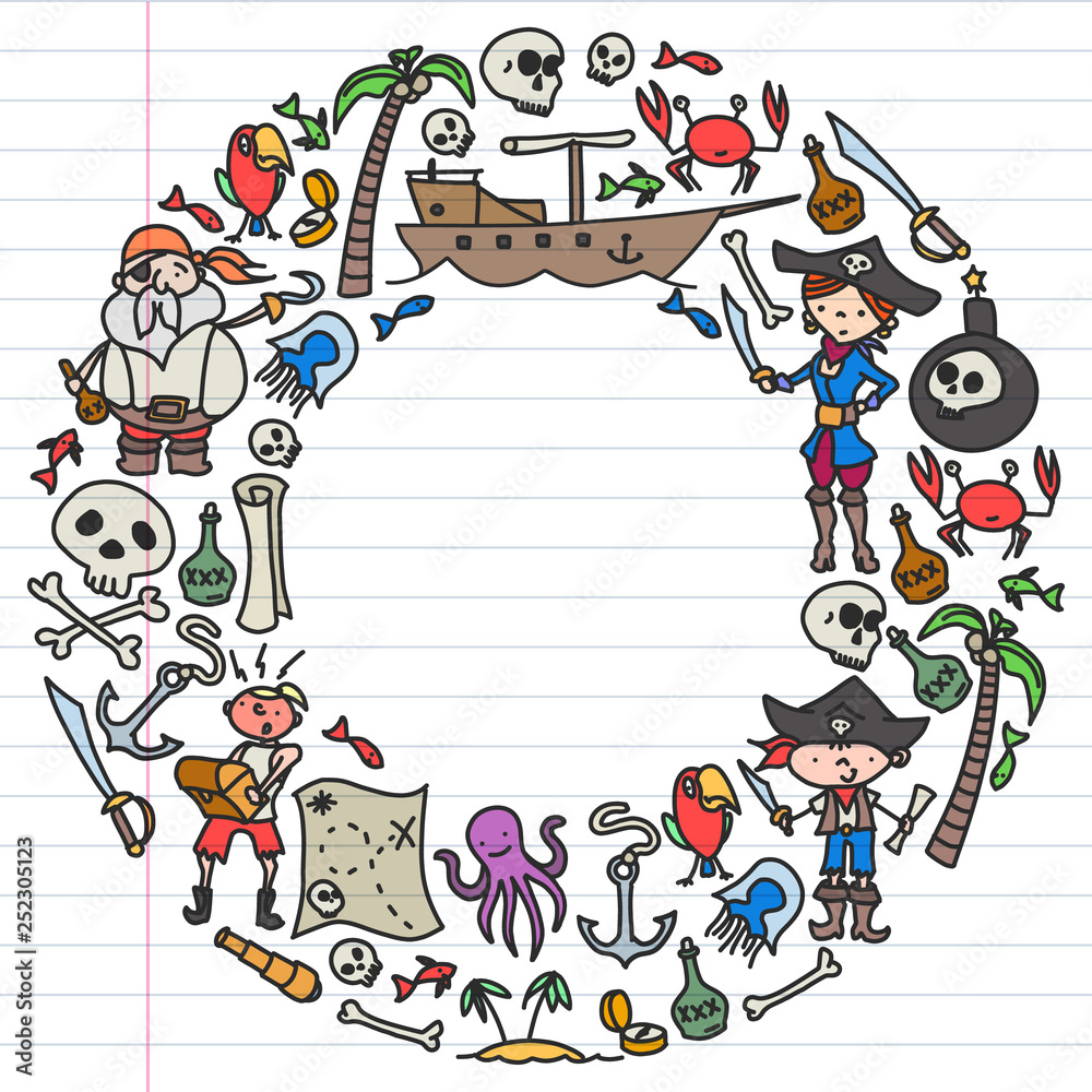 Vector set of pirates children's drawings icons in doodle style. Painted, colorful, pictures on a piece of linear paper on white background. Vector set of pirates children's drawings icons in doodle style. Painted, colorful, pictures on a piece of linear paper on white background.
