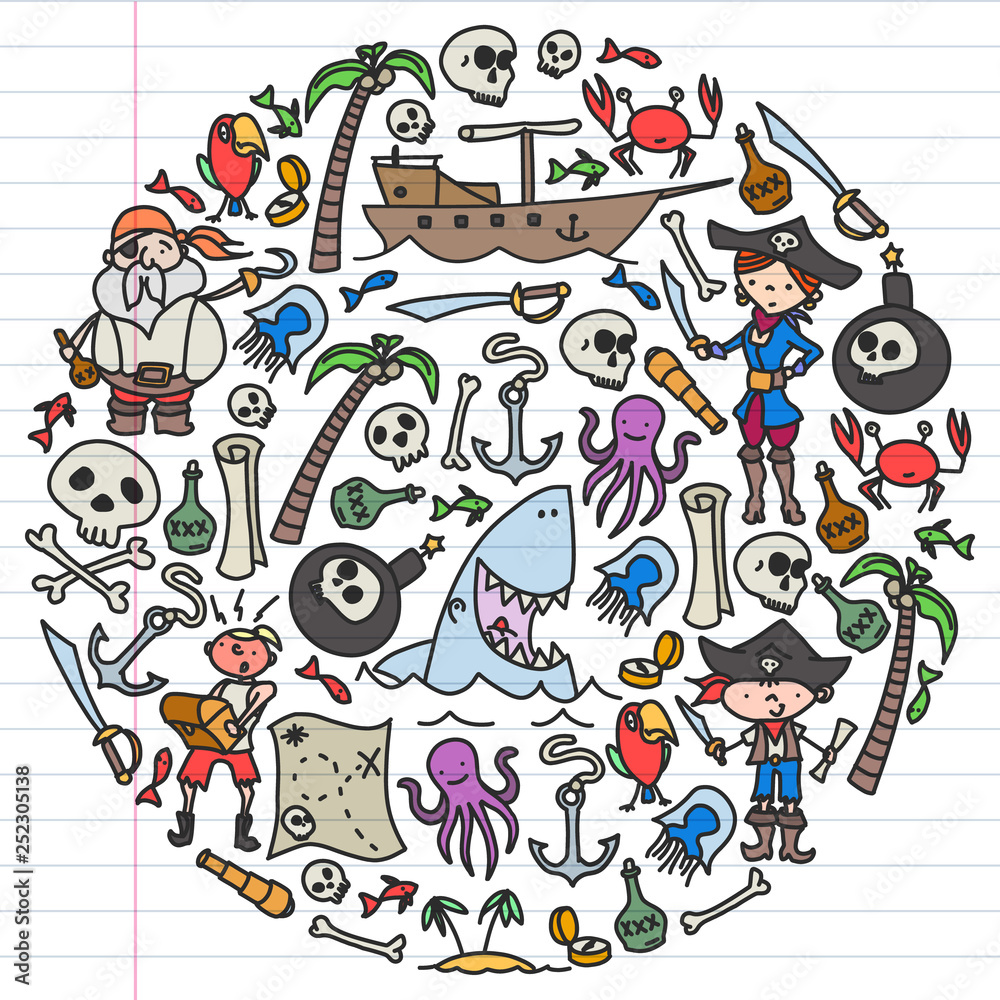Vector set of pirates children's drawings icons in doodle style. Painted, colorful, pictures on a piece of linear paper on white background. Vector set of pirates children's drawings icons in doodle style. Painted, colorful, pictures on a piece of linear paper on white background.