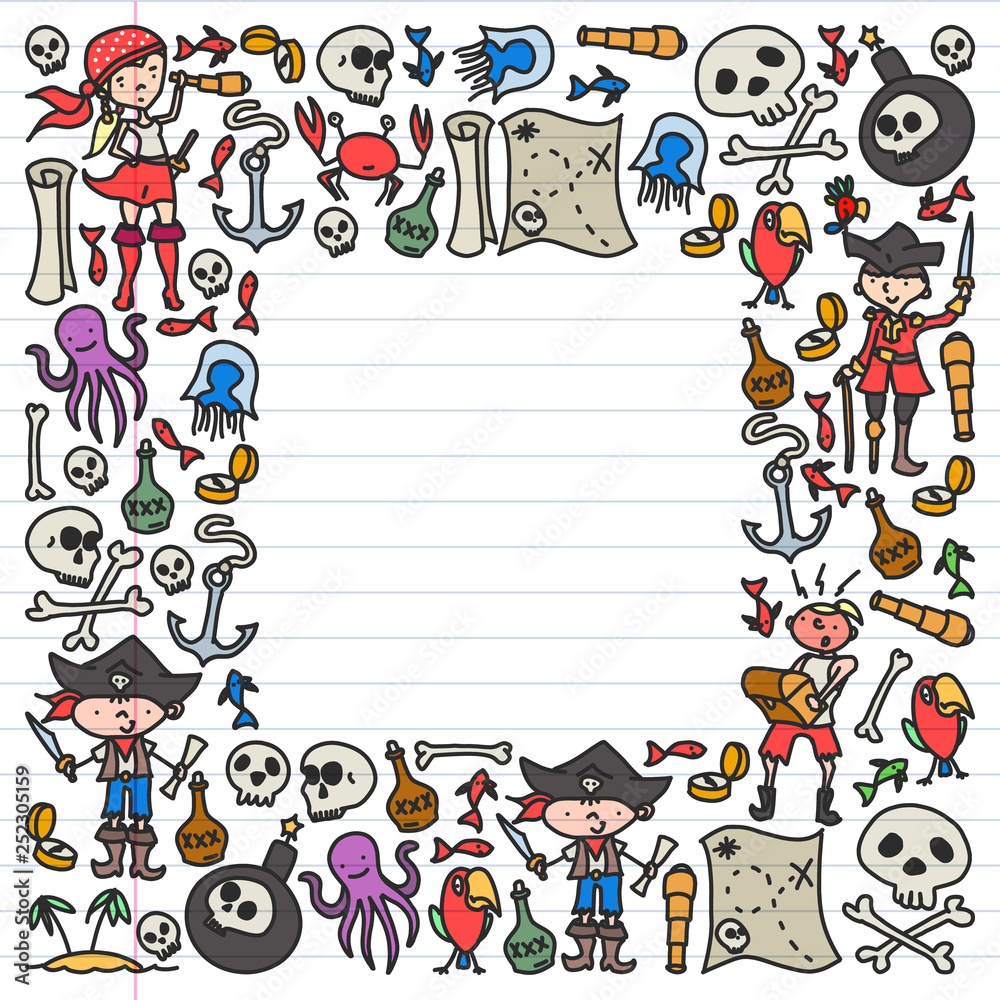 Vector set of pirates children's drawings icons in doodle style. Painted, colorful, pictures on a piece of linear paper on white background.