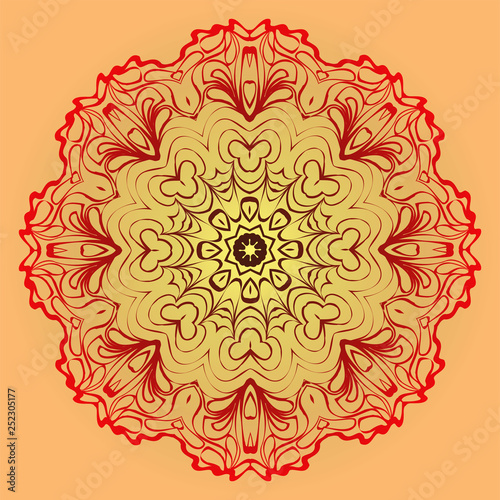 Hand-Drawn Ethnic Mandala. Circle Lace Ornament. Vector Illustration. For Coloring Book, Greeting Card, Invitation, Tattoo. Red, orange sunrise color