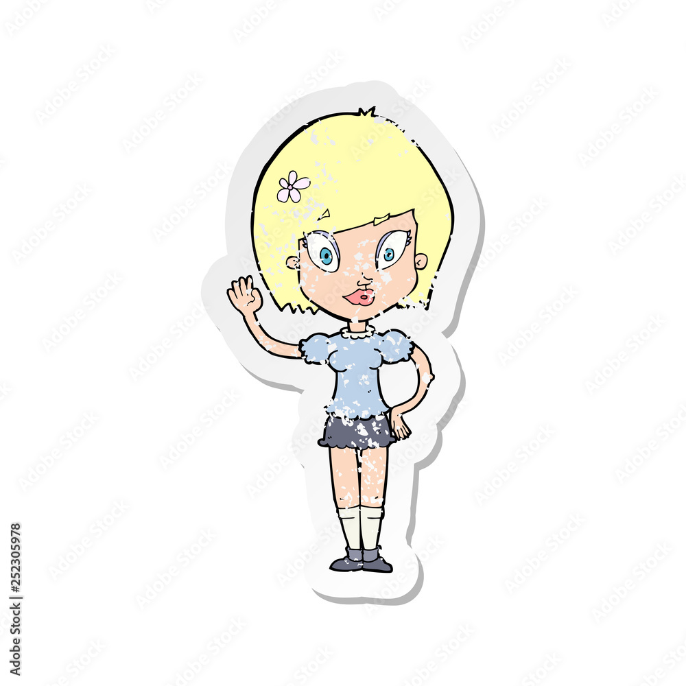retro distressed sticker of a cartoon pretty girl waving retro distressed sticker of a cartoon pretty girl waving