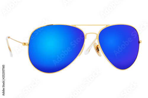 Gold sunglasses with Blue Mirror Lens isolated on white background