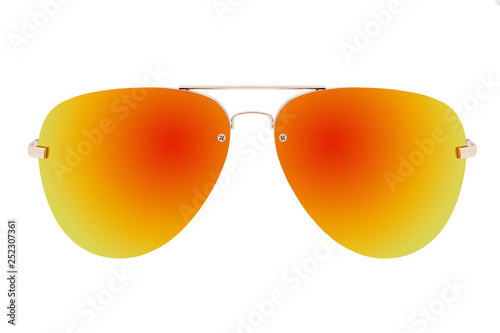 Gold sunglasses with red-yellow Lens isolated on white background