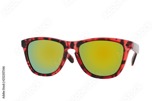 Red sunglasses with a print like a leopard and Green Lens isolated on white background