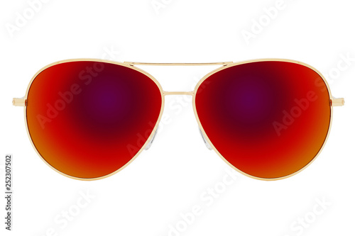 Gold sunglasses with Red Chameleon Mirror Lens isolated on white background