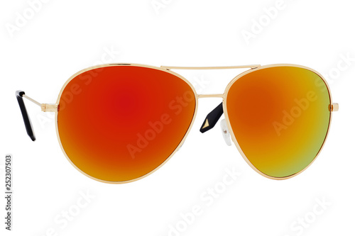 Gold sunglasses with Red Chameleon Mirror Lens isolated on white background