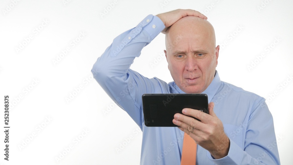 Manager Read Financial Bad News on Touch Tablet and Gesticulate Disappointed Manager Read Financial Bad News on Touch Tablet and Gesticulate Disappointed