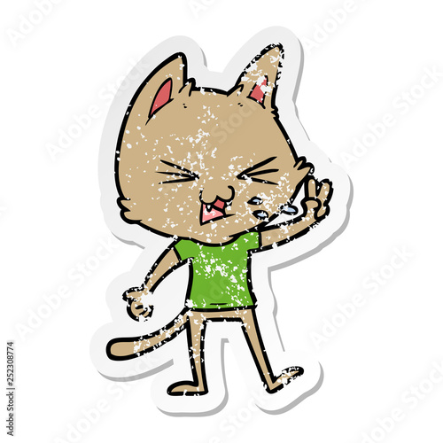 distressed sticker of a cartoon cat hissing