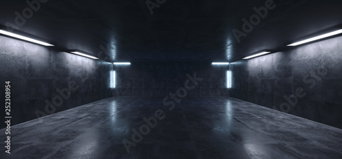 Sci Fi Futuristic Concrete Grunge Reflective Spaceship Led Laser Panel Stage Metal Structure Lights Long Hall Room Corridor Tunnel Dark Empty 3D Rendering © IM_VISUALS