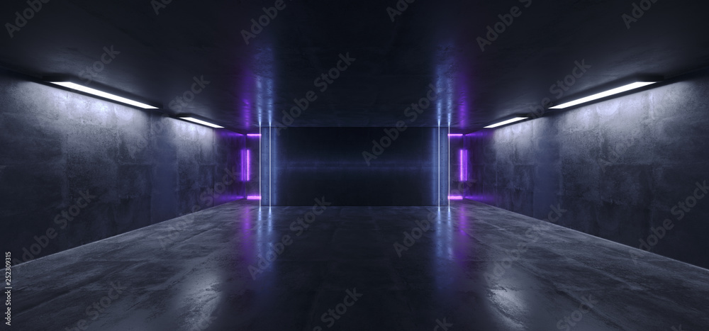 Neon Glowing Fluorescent Vibrant Purple Blue Empty Stage Studio Club Dance Room Reflections Concrete Grunge Sci Fi Futuristic Tunnel Hall Ultraviolet 3D Rendering