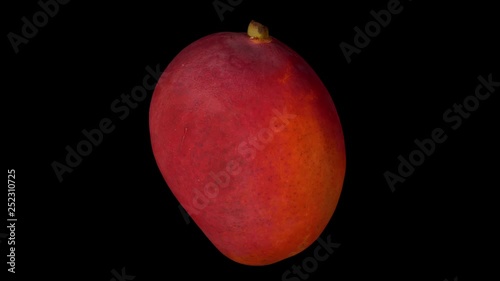 Realistic render of a rotating Sindhoora mango on black background. The video is seamlessly looping, and the 3D object is scanned from a real mango. photo