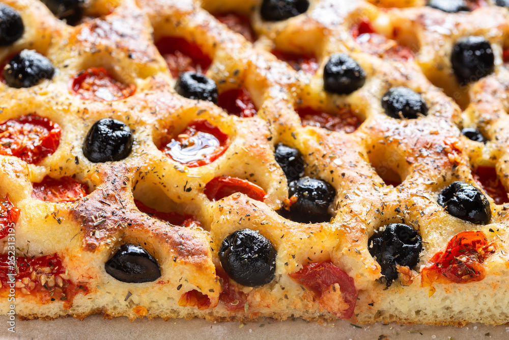 Close up of focaccia pugliese Close up of focaccia pugliese
