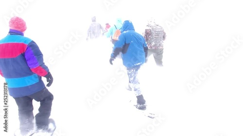 Group of adults snowshoeing during a snow storm
