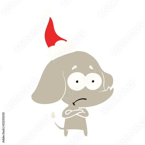 flat color illustration of a unsure elephant wearing santa hat