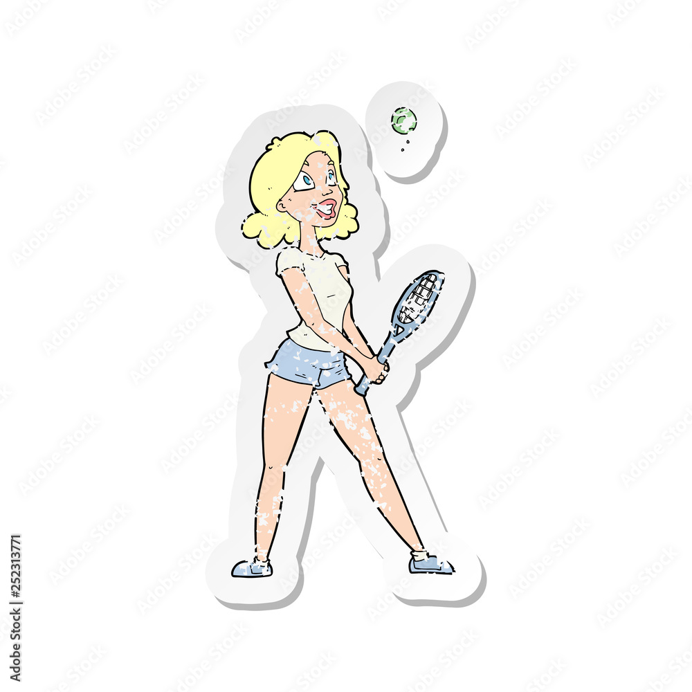retro distressed sticker of a cartoon woman playing tennis retro distressed sticker of a cartoon woman playing tennis