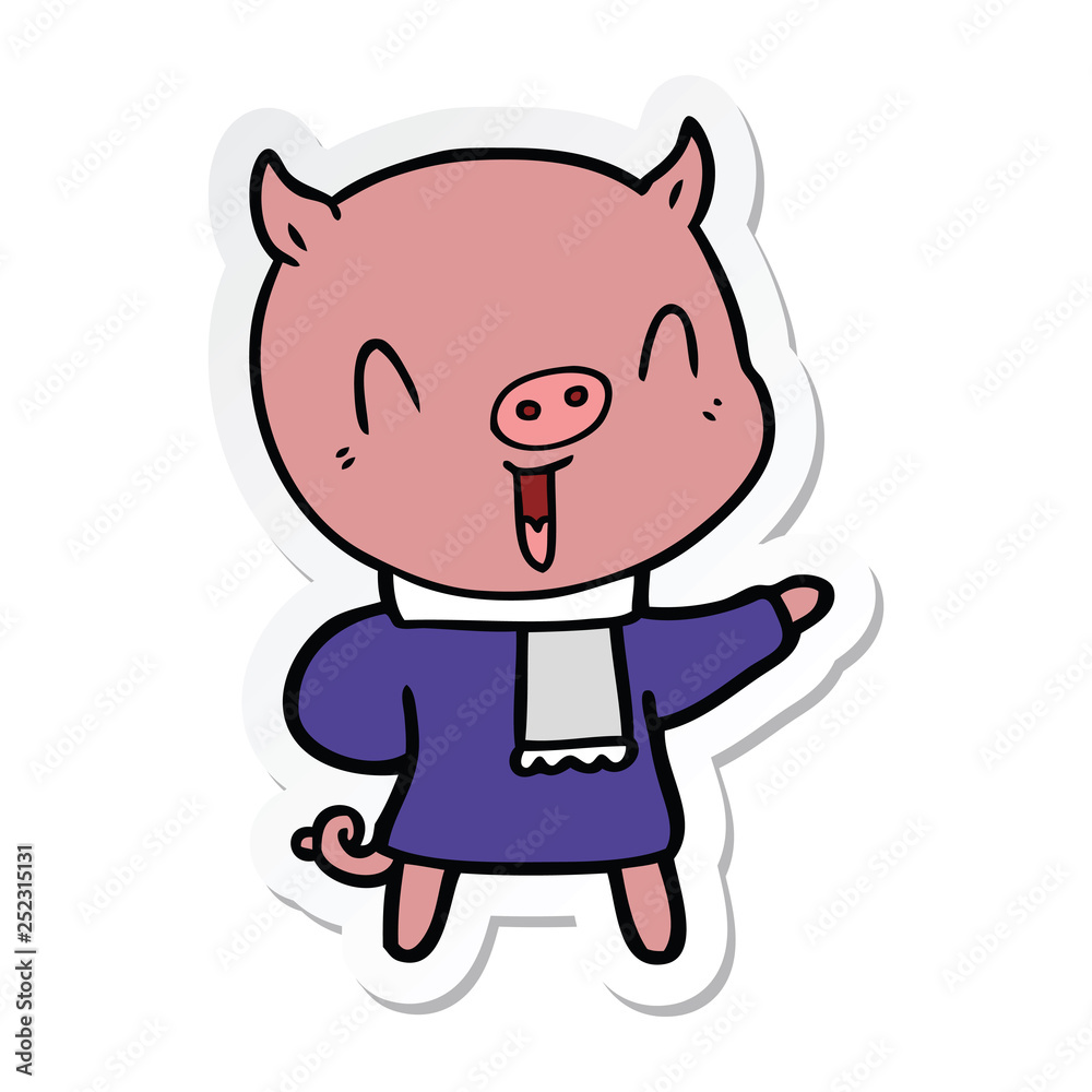 sticker of a happy cartoon pig in winter clothes sticker of a happy cartoon pig in winter clothes