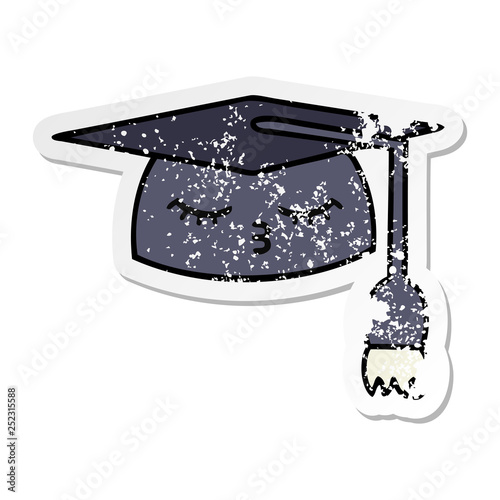 distressed sticker of a cute cartoon graduation hat
