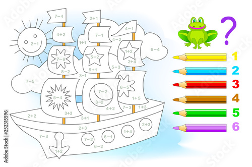 Educational page with exercises for children on addition and subtraction. Solve examples and paint the sailboat in relevant colors. Developing skills for counting. Printable worksheet for kids.