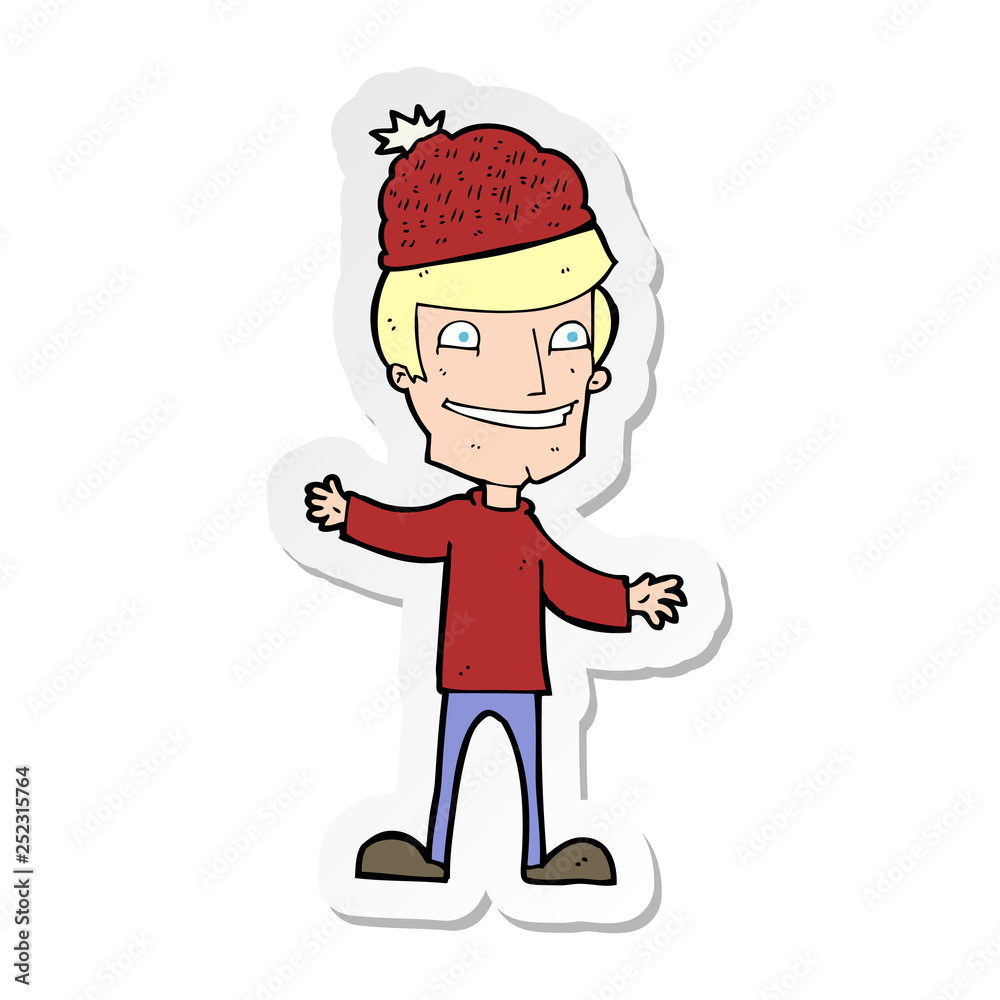 sticker of a cartoon man wearing winter hat sticker of a cartoon man wearing winter hat