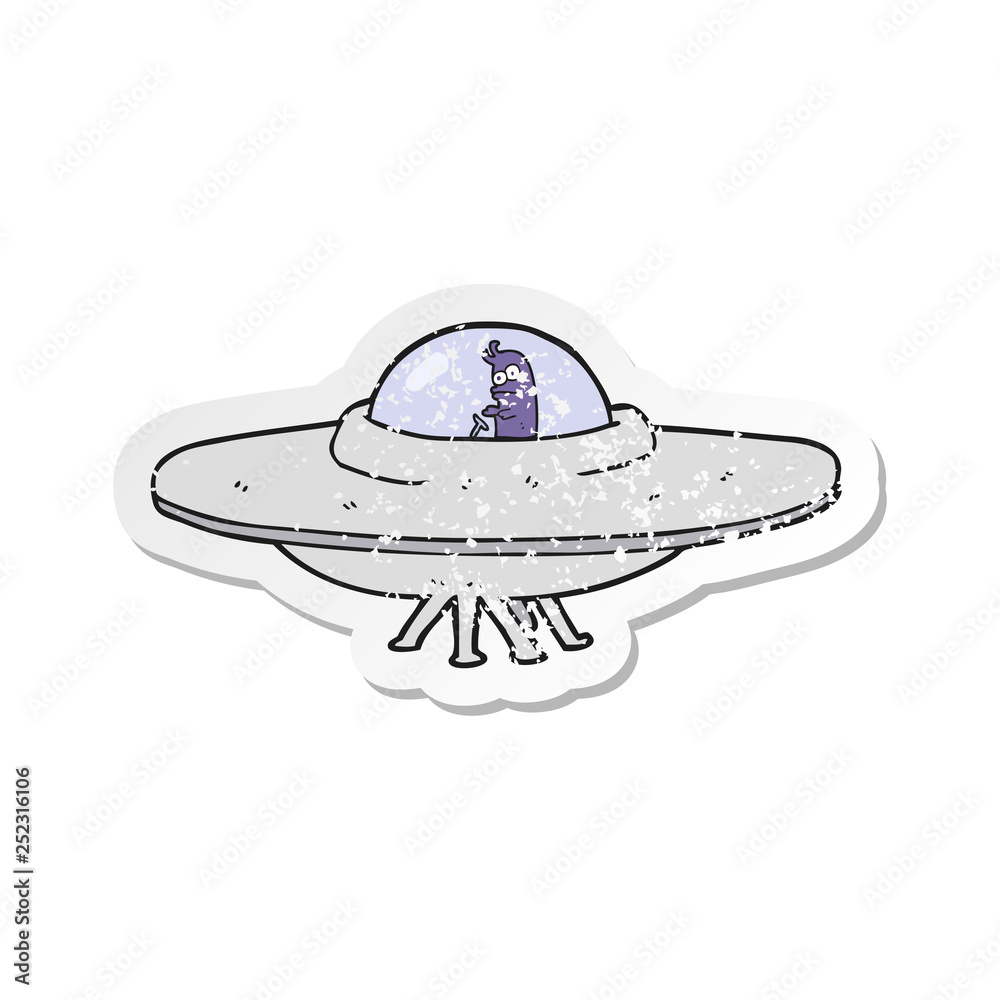 retro distressed sticker of a cartoon flying saucer retro distressed sticker of a cartoon flying saucer