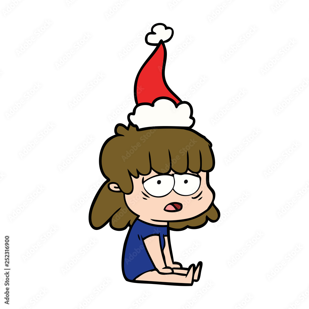 line drawing of a tired woman wearing santa hat line drawing of a tired woman wearing santa hat