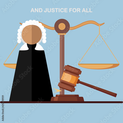 Judge in the court room, attorney icon isolated on background. Legal law, justice. Vector cartoon design