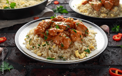 Orange Chicken Spicy sweet and sour with fried eggs rice