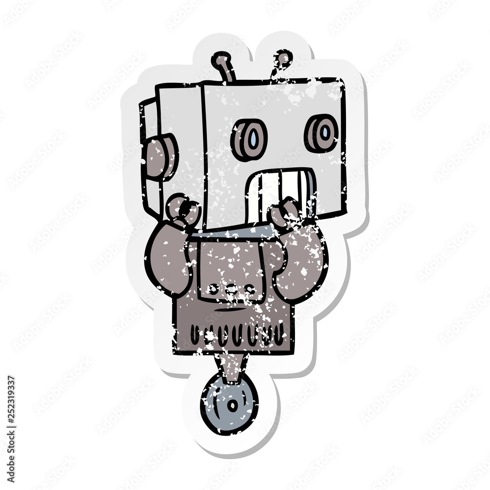 distressed sticker of a cartoon robot distressed sticker of a cartoon robot
