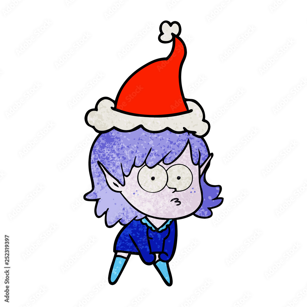 textured cartoon of a elf girl staring and crouching wearing santa hat textured cartoon of a elf girl staring and crouching wearing santa hat
