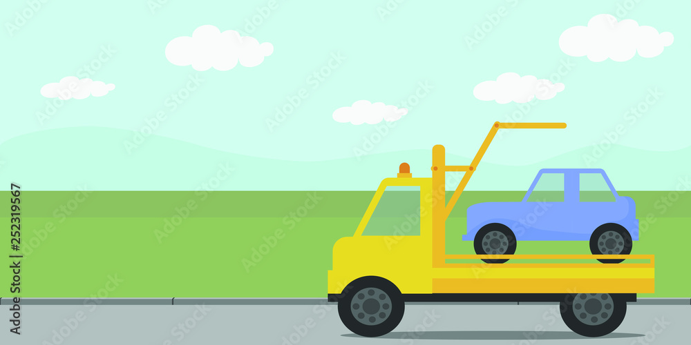 Road and field. Truck tow truck carries a car. Abstract flat, seamless horizontal background scene.