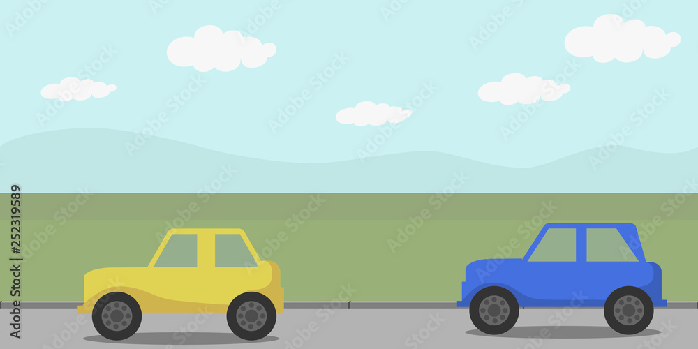 Road and field. Cars go. Abstract flat, seamless horizontal background scene.