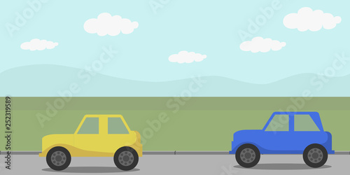 Fototapeta Naklejka Na Ścianę i Meble -  Road and field. Cars go. Abstract flat, seamless horizontal background scene.
