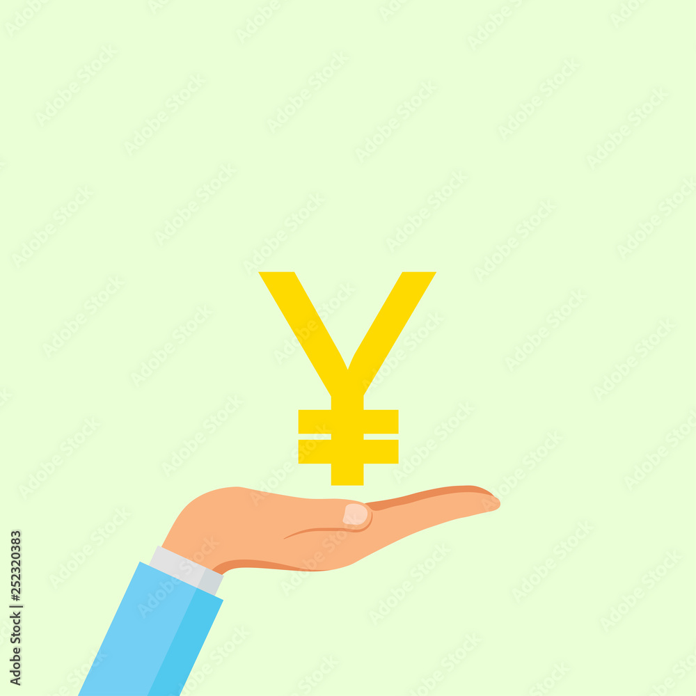 Obraz premium Hand hold Japanese yen sign isolated on background. Money, currency Cash symbol icon. Business, economy concept. Vector flat illustration