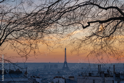 Paris, France - 02 24 2019: Montmartre at sunset. View of Paris from sacred heart