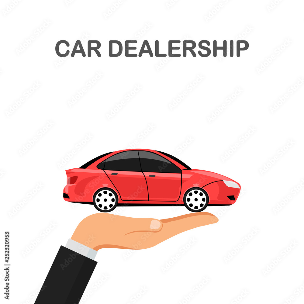 Hand hold red auto isolated on white background. Car rent, dealership, automobile icon. Business sedan. Vector flat design