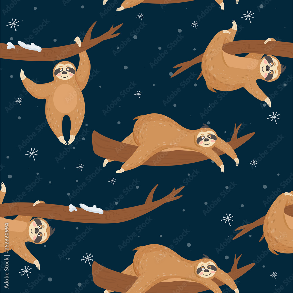 Seamless Christmas pattern with cute lazy sloths. Vector illustration for textile, postcard, wrapping paper, poster, background, cover, t-shirt.