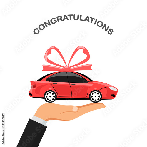 Hand hold red auto isolated on white background. Car rent, dealership, automobile icon. Business sedan. Vector flat design